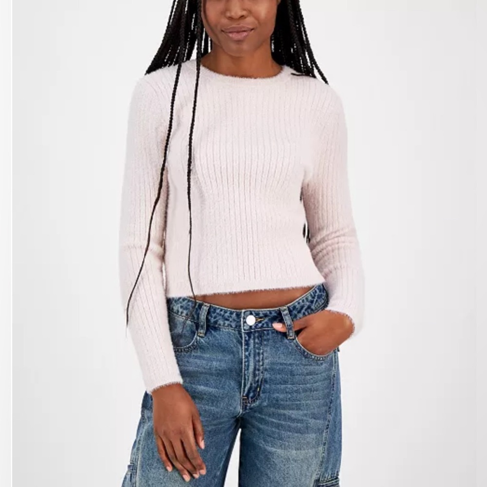 NWT Madden Girl Juniors' Lurex Eyelash Crewneck Sweater Icy Pink Size S